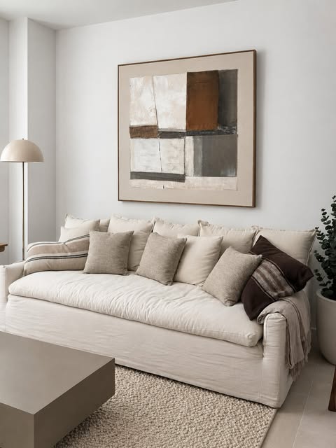 Completed living room with cream sofa and abstract artwork