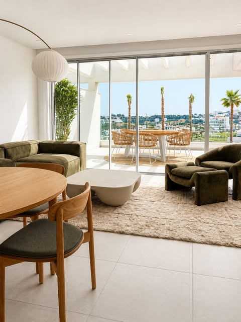 Completed living and dining area with green sofa and views over palm trees