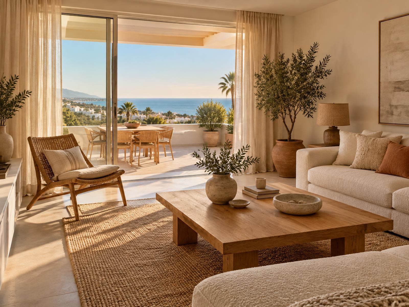 Bright Costa del Sol living room with oak coffee table, boucle sofa and sea view terrace