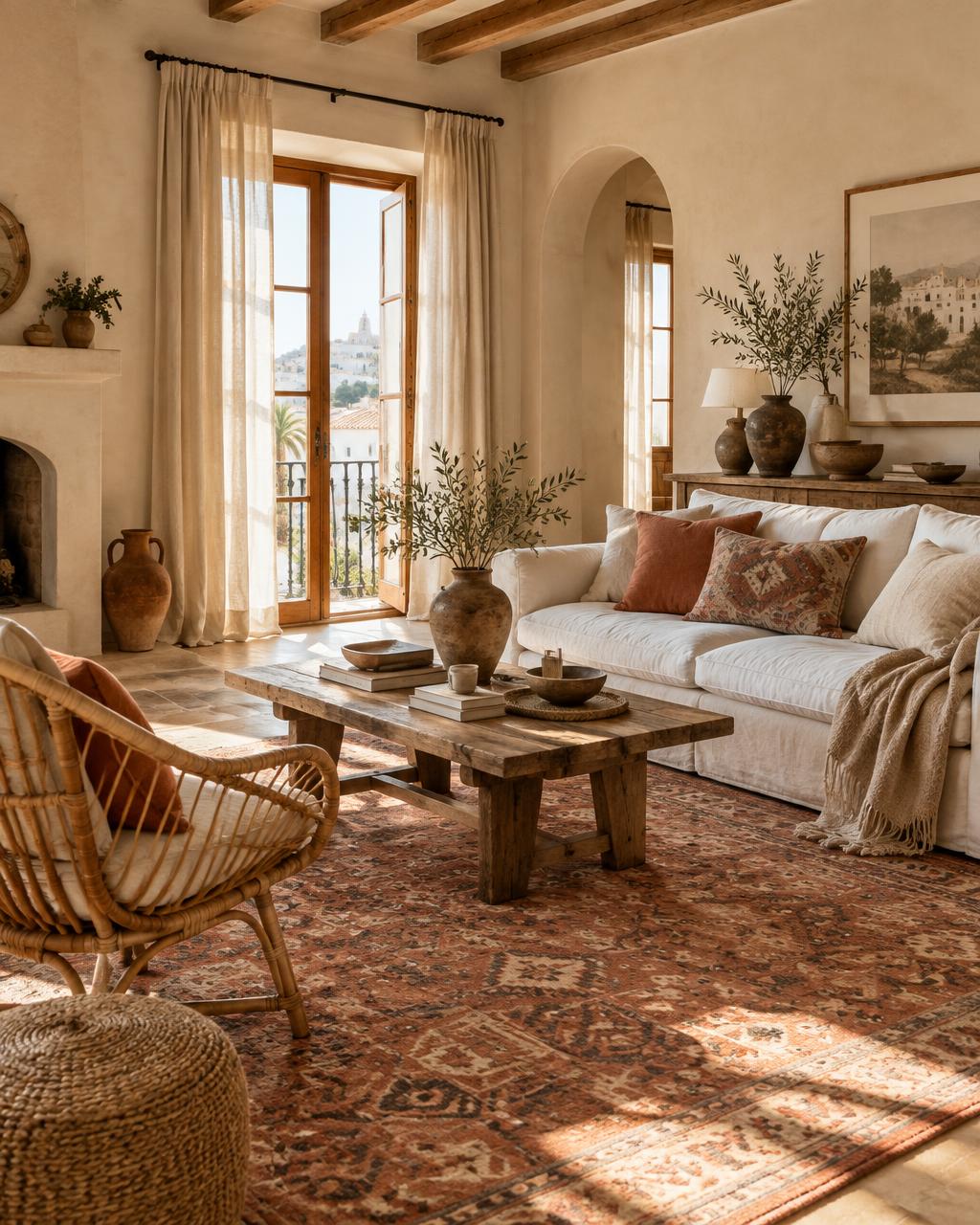 AI-rendered bohemian living room with rattan, terracotta and natural textiles