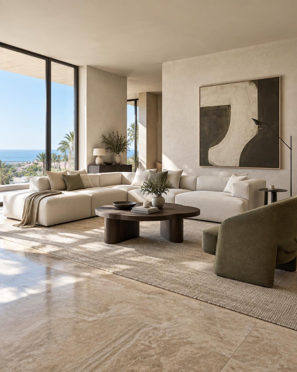 AI-rendered contemporary living room with modular sofa and sculptural furniture