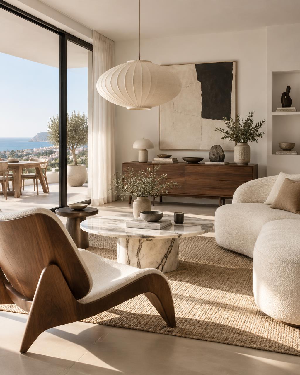 AI-rendered designer living room with sculptural lounge chair, marble table and sea view