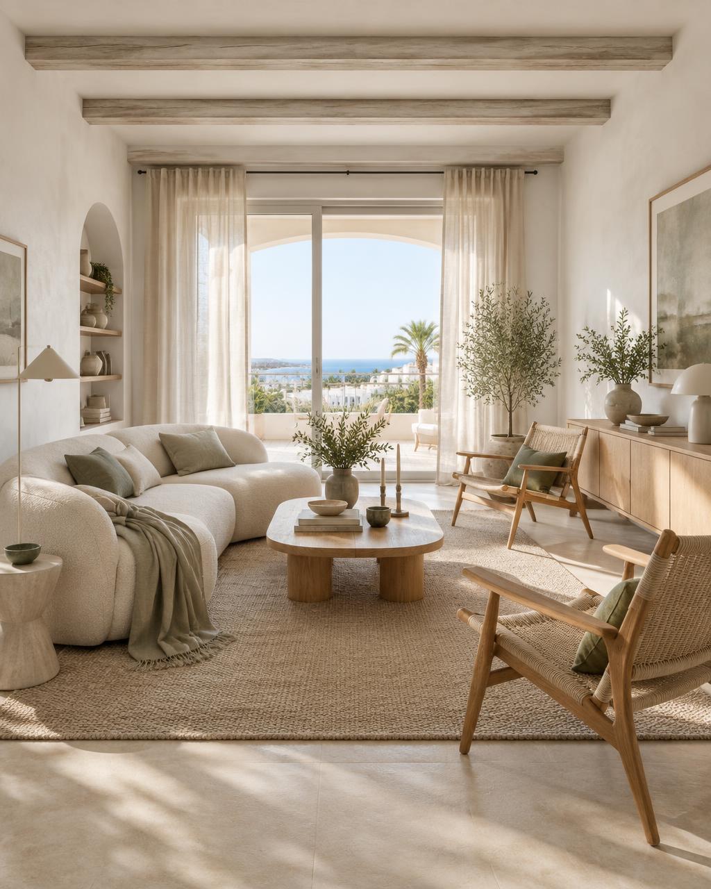 AI-rendered Nordic living room with oak furniture and warm Mediterranean light