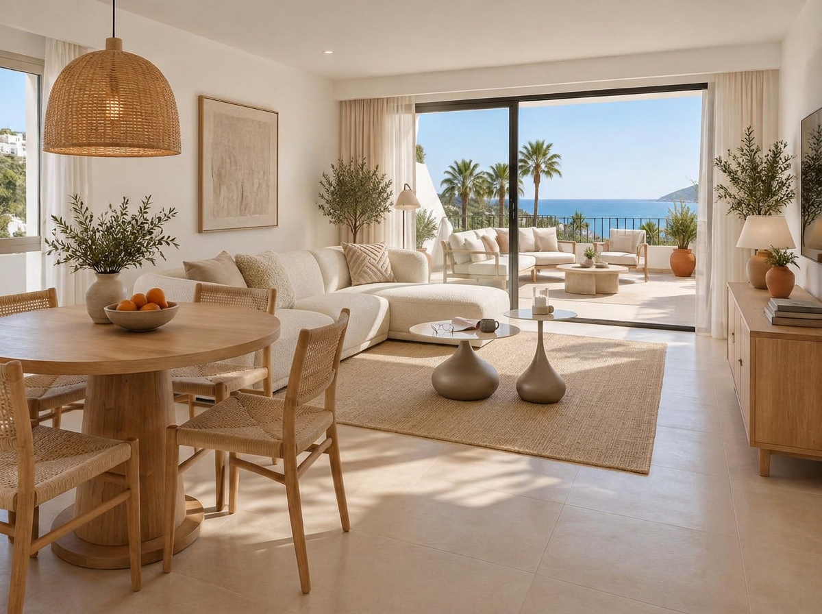 Costa del Sol living and dining room with sea view and palm trees