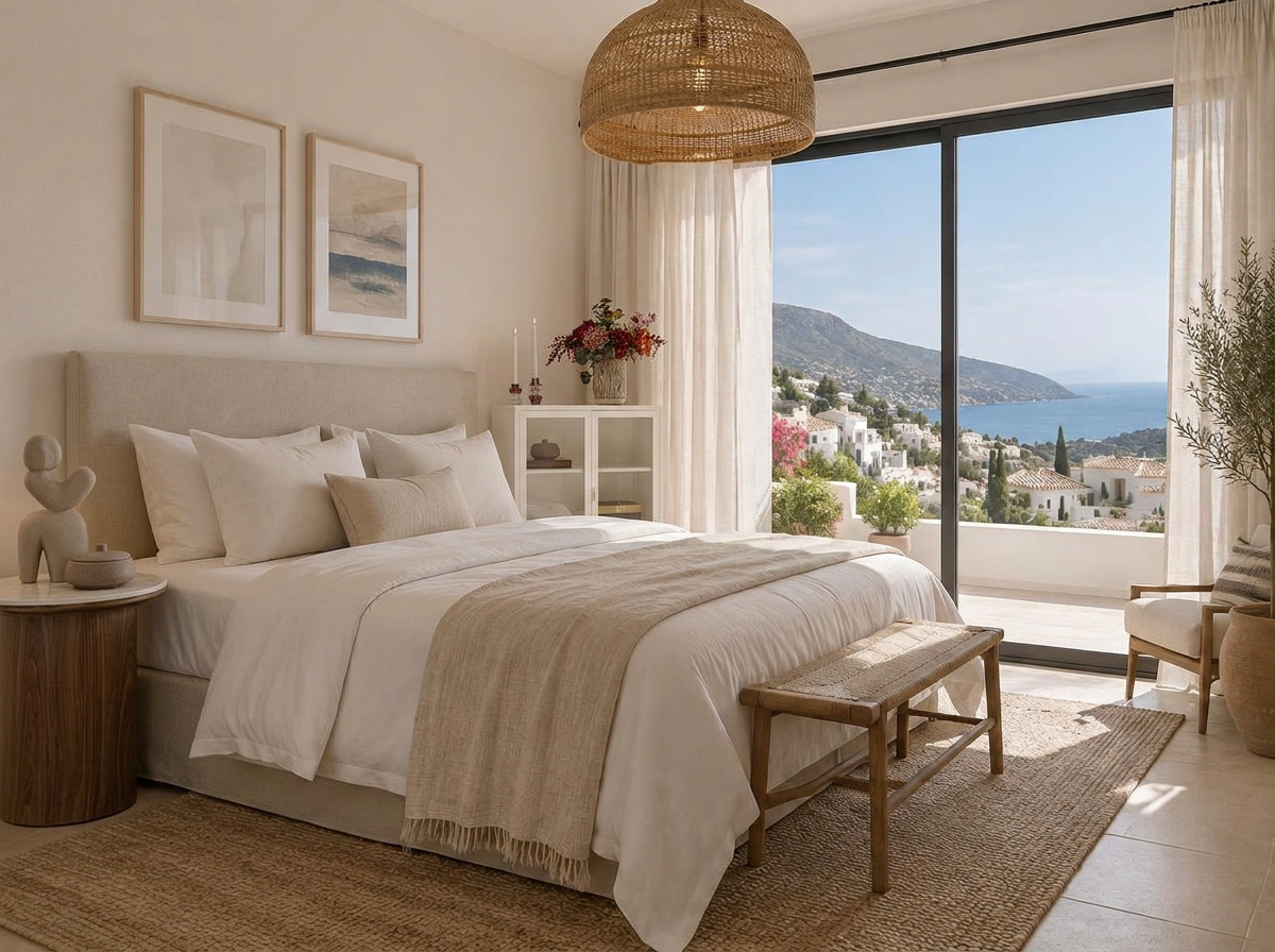 Bedroom overlooking a white Andalusian village and the Mediterranean
