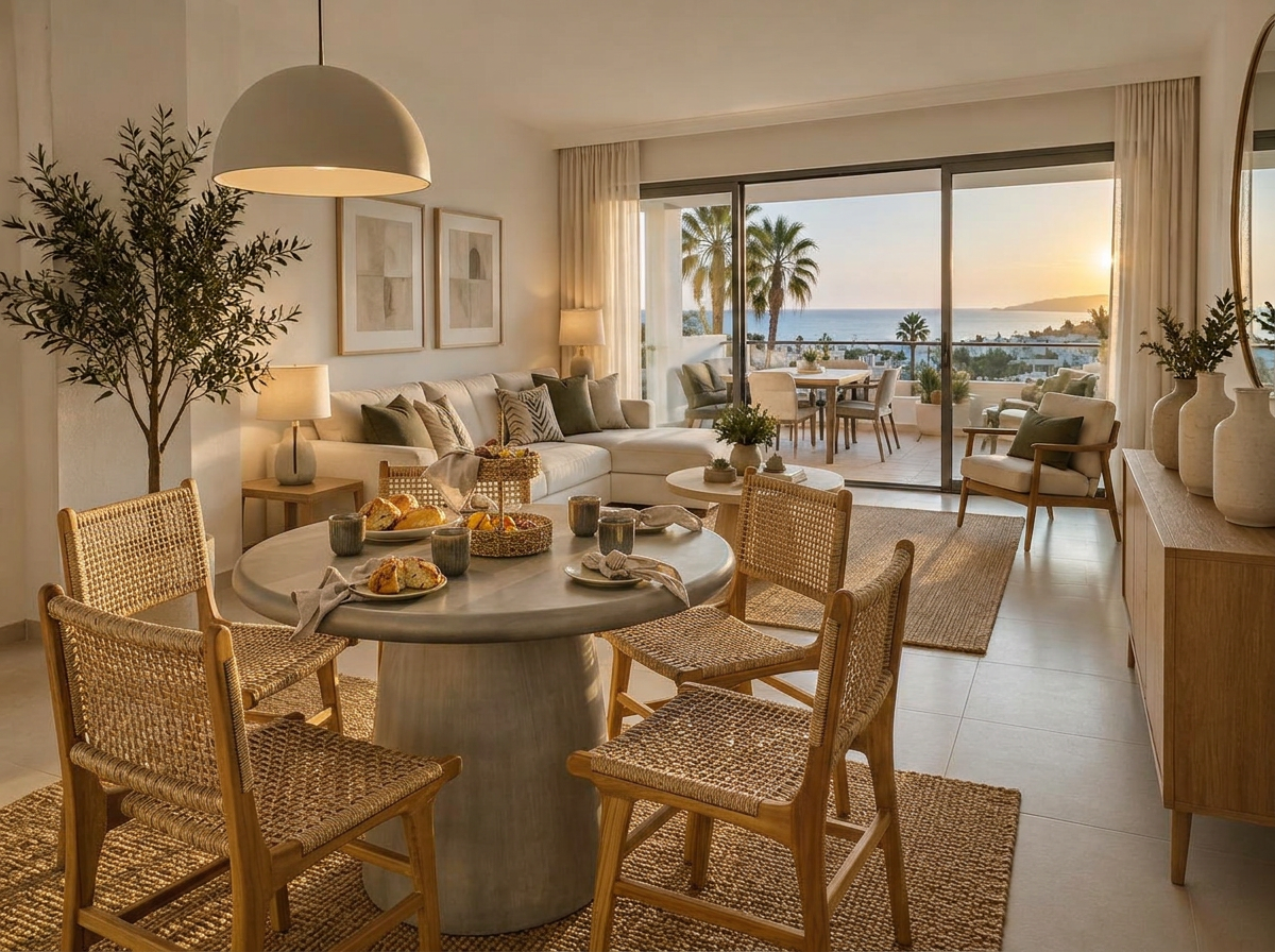 Furnished open-plan apartment with a sunset sea-view terrace